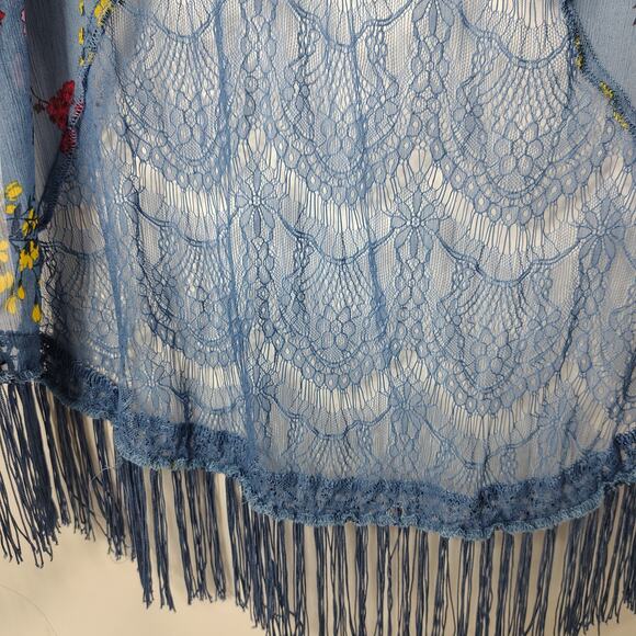Blue Floral Open Front Kimono Cardigan w/‎ Fringe Hem & Lace Sheer Boho Cover Up - Picture 4 of 11